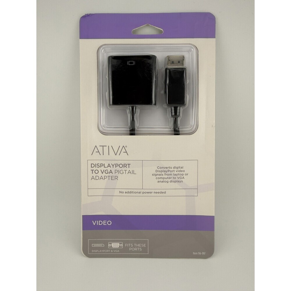 New Ativa Black DP Male to VGA Female Adapter 6 Inch Pigtail Cable]